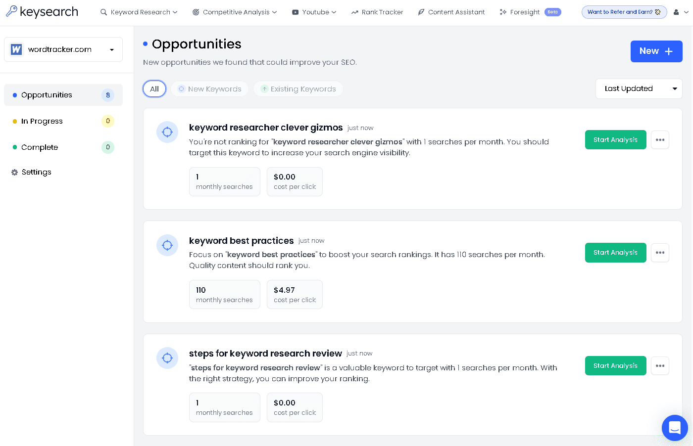 Keysearch Foresight AI tool showing automated keyword research and strategic recommendations