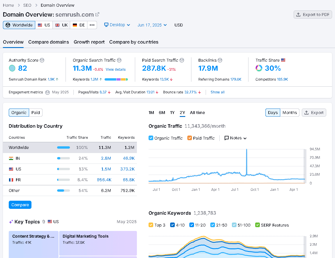 Semrush Domain Overview dashboard showing comprehensive competitor metrics and analytics